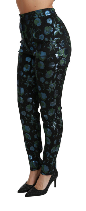 Dolce & Gabbana Blaugrüne Metallic-Hose mit Blumenmuster
