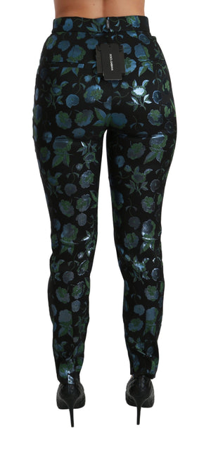 Dolce & Gabbana Blaugrüne Metallic-Hose mit Blumenmuster