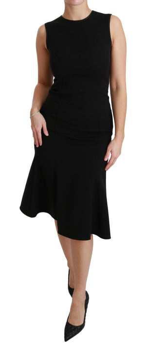 Dolce & Gabbana Schwarzes ausgestelltes Stretch-Scheidenkleid aus Wolle