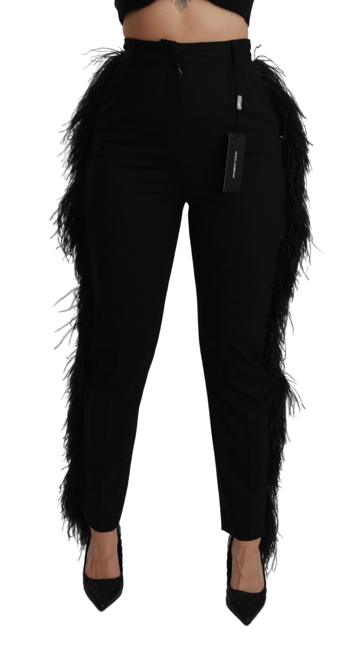 Dolce & Gabbana Schwarze Federhosen mit hoher Taille aus Wolle