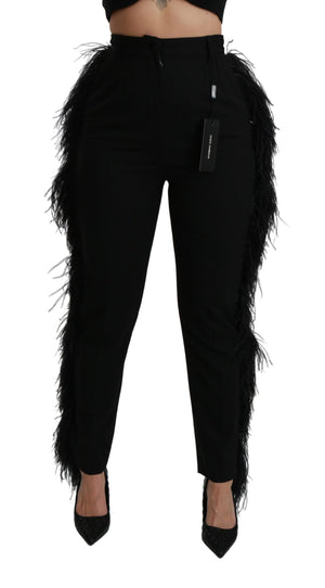 Dolce & Gabbana Schwarze Federhosen mit hoher Taille aus Wolle