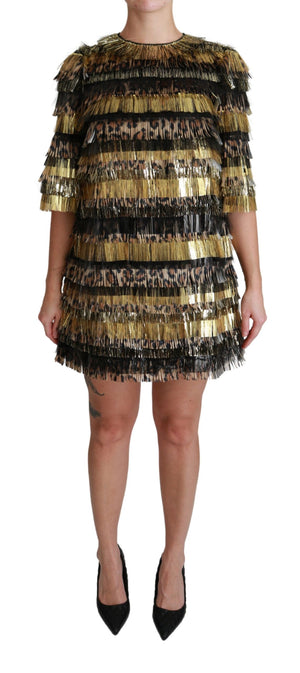 Dolce & Gabbana Polyester Schwarz Gold Leopard Shift Minikleid