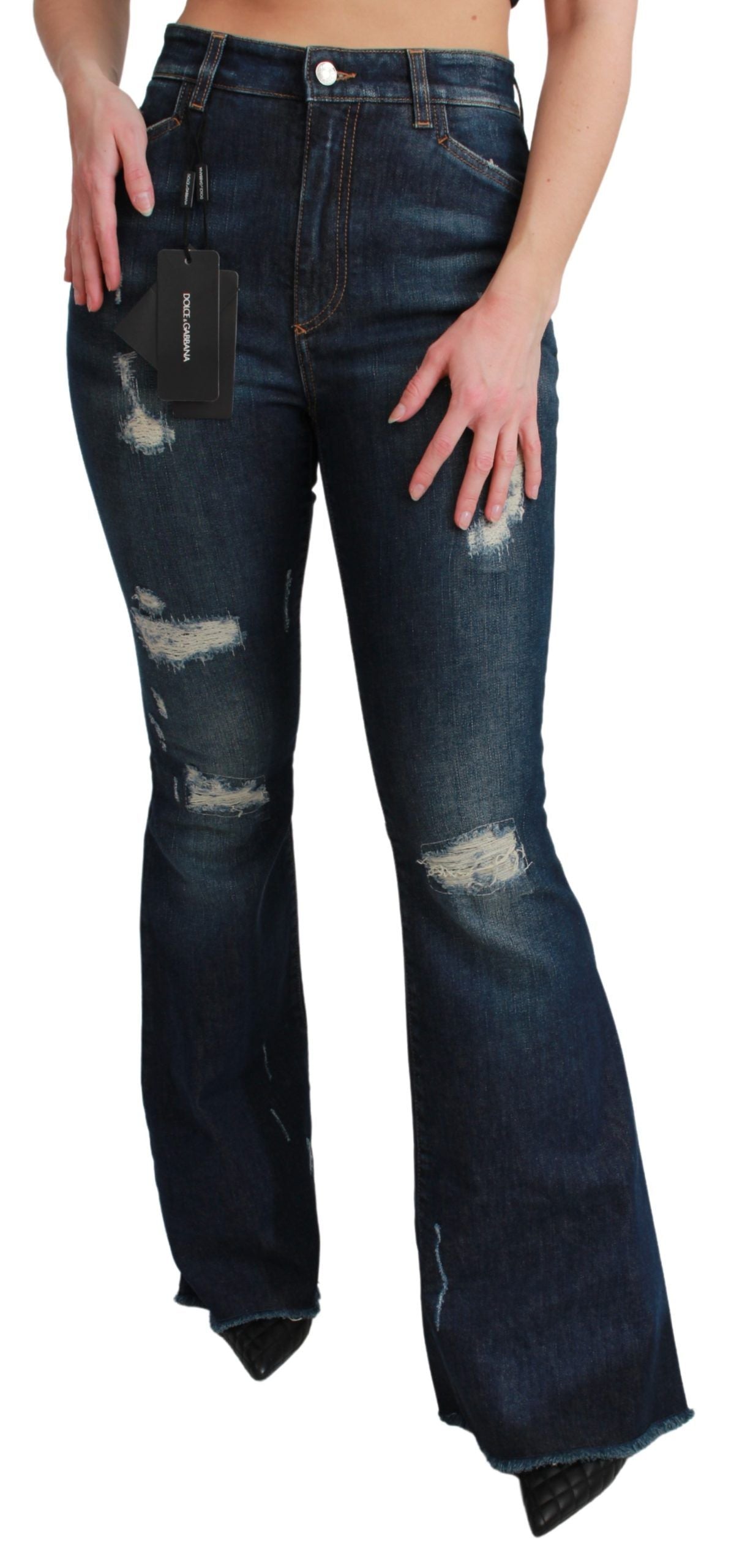 Dolce & Gabbana Blaue Denim-Baumwoll-Stretch-Schlaghosen