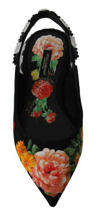 Dolce & Gabbana Schwarz Floral Kristall Slingbacks Flats Schuhe
