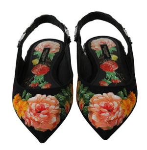 Dolce & Gabbana Schwarz Floral Kristall Slingbacks Flats Schuhe