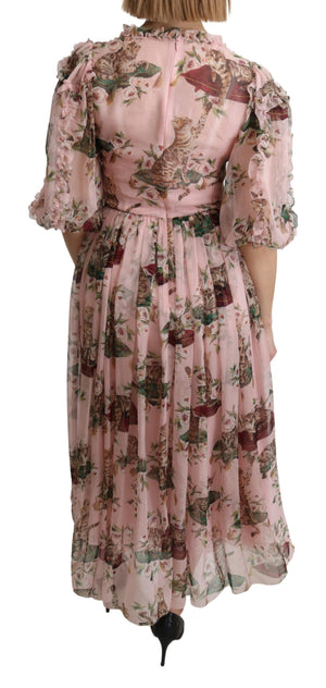 Dolce & Gabbana Rosa Bengalische Katze A-Linien-Maxi-Kleid aus Seide