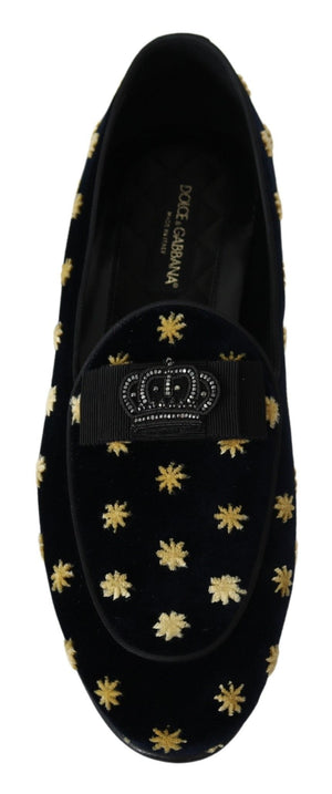 Dolce & Gabbana Blau Samt Krone Hausschuhe Loafers Schuhe