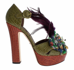 Dolce & Gabbana Grüne Leder Kristall Plateau Sandale Schuhe