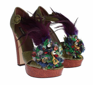 Dolce & Gabbana Grüne Leder Kristall Plateau Sandale Schuhe