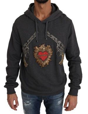Dolce & Gabbana Grauer Pullover mit Kapuze und rotem Kristallherz Gun