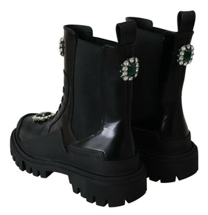 Dolce & Gabbana Schwarze Leder-Kristall-Kampfstiefel