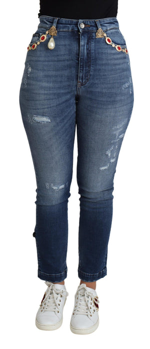 Dolce & Gabbana Blaue verschönerte Skinny Hose Baumwolljeans