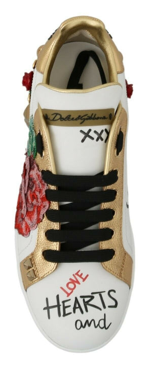 Dolce & Gabbana Weiß Rosen Pailletten Kristall Damen Turnschuhe Schuhe
