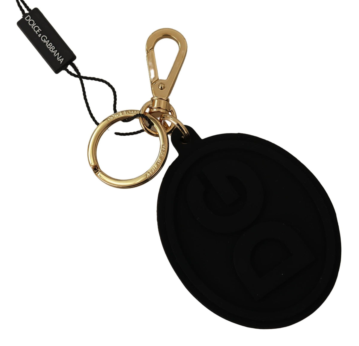 Dolce & Gabbana Schwarzer Gummi DG Logo Gold Messing Metall Schlüsselring Schlüsselanhänger