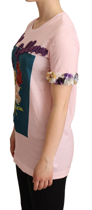 Dolce & Gabbana Rosa Baumwoll-T-Shirt mit geblümten Rosen und Rundhalsausschnitt