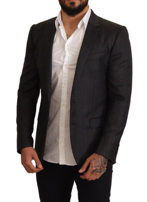Dolce & Gabbana Graue karierte Wolljacke mit schmaler Passform Blazer