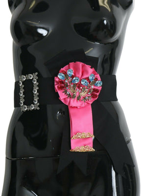 Dolce & Gabbana Schwarz Rosa Blume Brosche Kristalle Baumwollgürtel