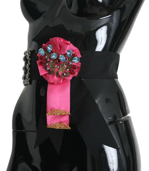 Dolce & Gabbana Schwarz Rosa Blume Brosche Kristalle Baumwollgürtel