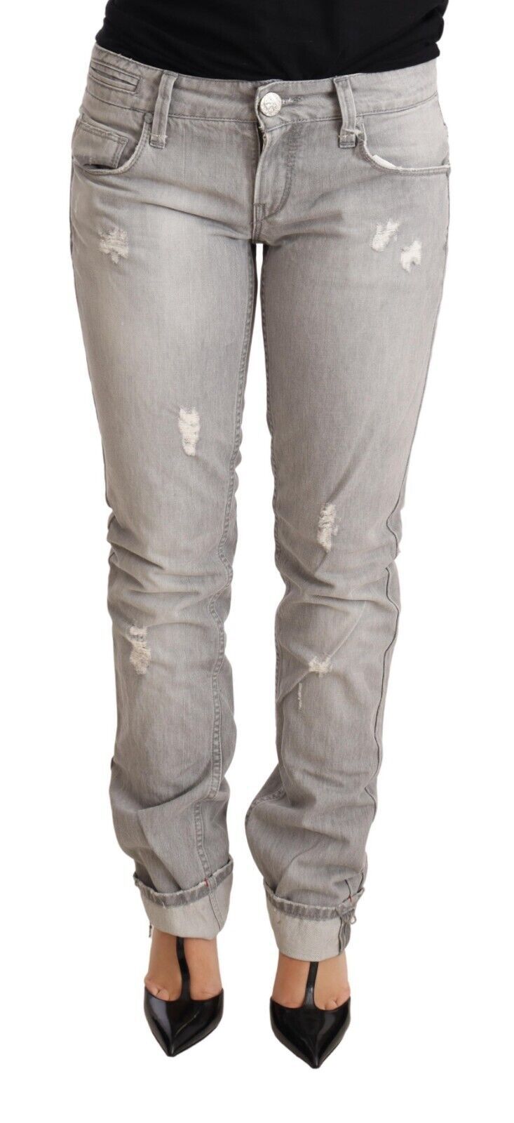 Acht Graue zerfledderte Baumwolle Slim Fit gefalteter Saum Frauen Denim Jeans