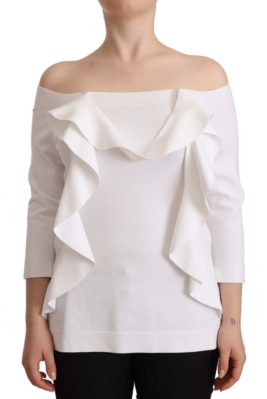 EXTERIOR Weiß Langärmeliges schulterfreies Damen Top Bluse