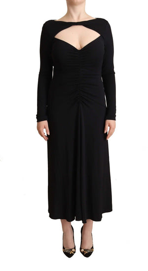 PINKO Schwarzes Nylon Stretch Langarm Maxikleid mit tiefem V-Ausschnitt