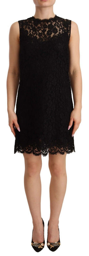 Dolce & Gabbana Schwarzes, geblümtes, ärmelloses Minikleid aus Spitze