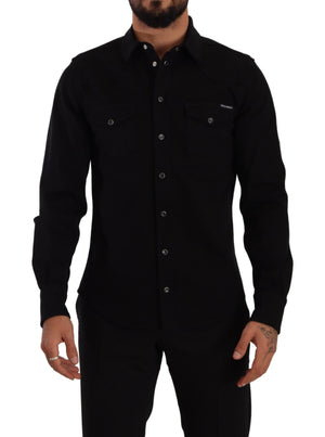Dolce & Gabbana Schwarzes Slim Cotton Denim Stretch Hemd