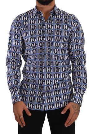 Dolce & Gabbana Blaues Logo Mania Slim Fit Baumwollhemd