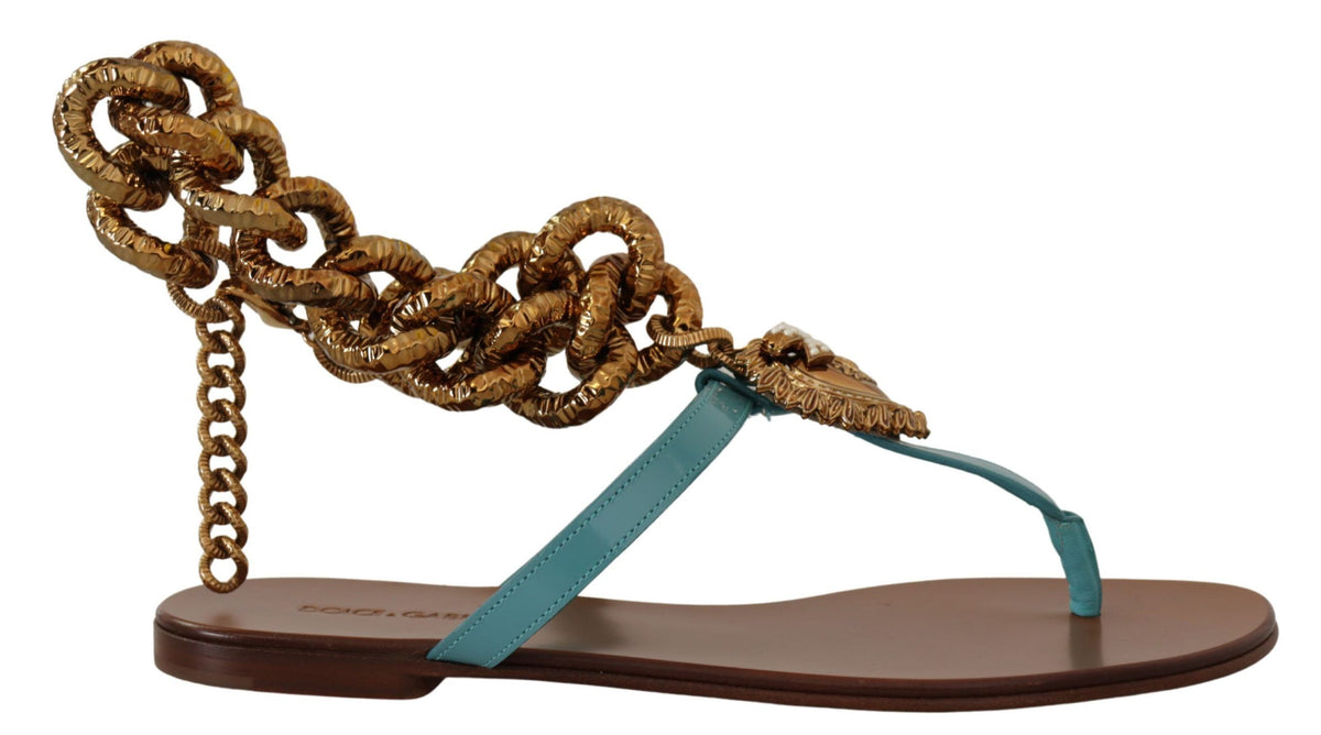 Dolce & Gabbana Blaue Leder Devotion Flats Sandalen