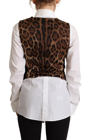 Dolce & Gabbana Schwarzes V-Ausschnitt-Leopard-Cord-Knopf-Westenoberteil
