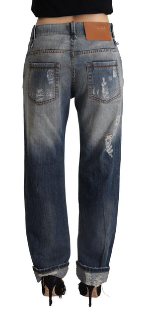 Acht Blaue zerfledderte Mid Waist Straight Denim Baumwolljeans