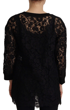 Dolce & Gabbana Schwarzer Spitzenpullover mit Blumenmuster Sicily Bluse