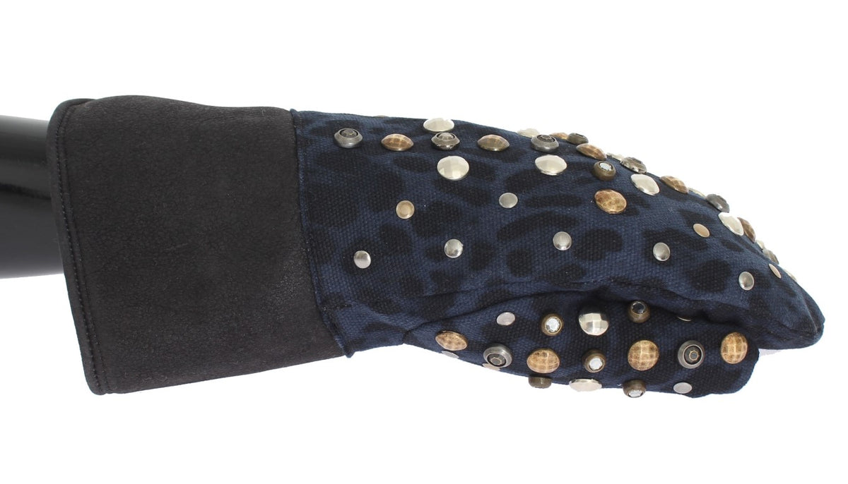 Dolce & Gabbana Graue Woll-Shearling-Handschuhe mit Nieten und blauem Leopardenmuster