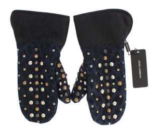 Dolce & Gabbana Graue Woll-Shearling-Handschuhe mit Nieten und blauem Leopardenmuster