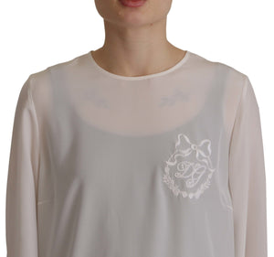 Dolce & Gabbana Weiße Seidenbluse mit DG-Logo-Stickerei und langen Ärmeln