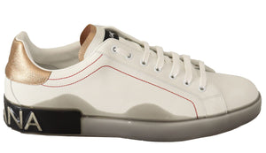 Dolce & Gabbana Weiß Gold Leder Low Top Turnschuhe Freizeitschuhe