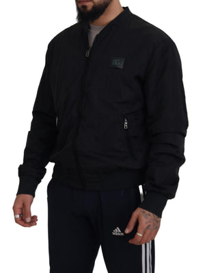 Dolce & Gabbana Schwarze Nylon-Logo-Bomberjacke mit Reißverschluss