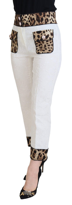 Dolce & Gabbana Weiße Hose mit Leopardenmuster und hoher Taille