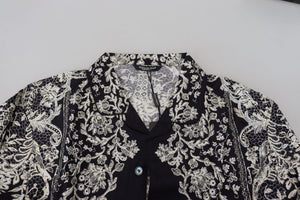 Dolce & Gabbana Blaues Seidenblumen Barock Satin Freizeithemd