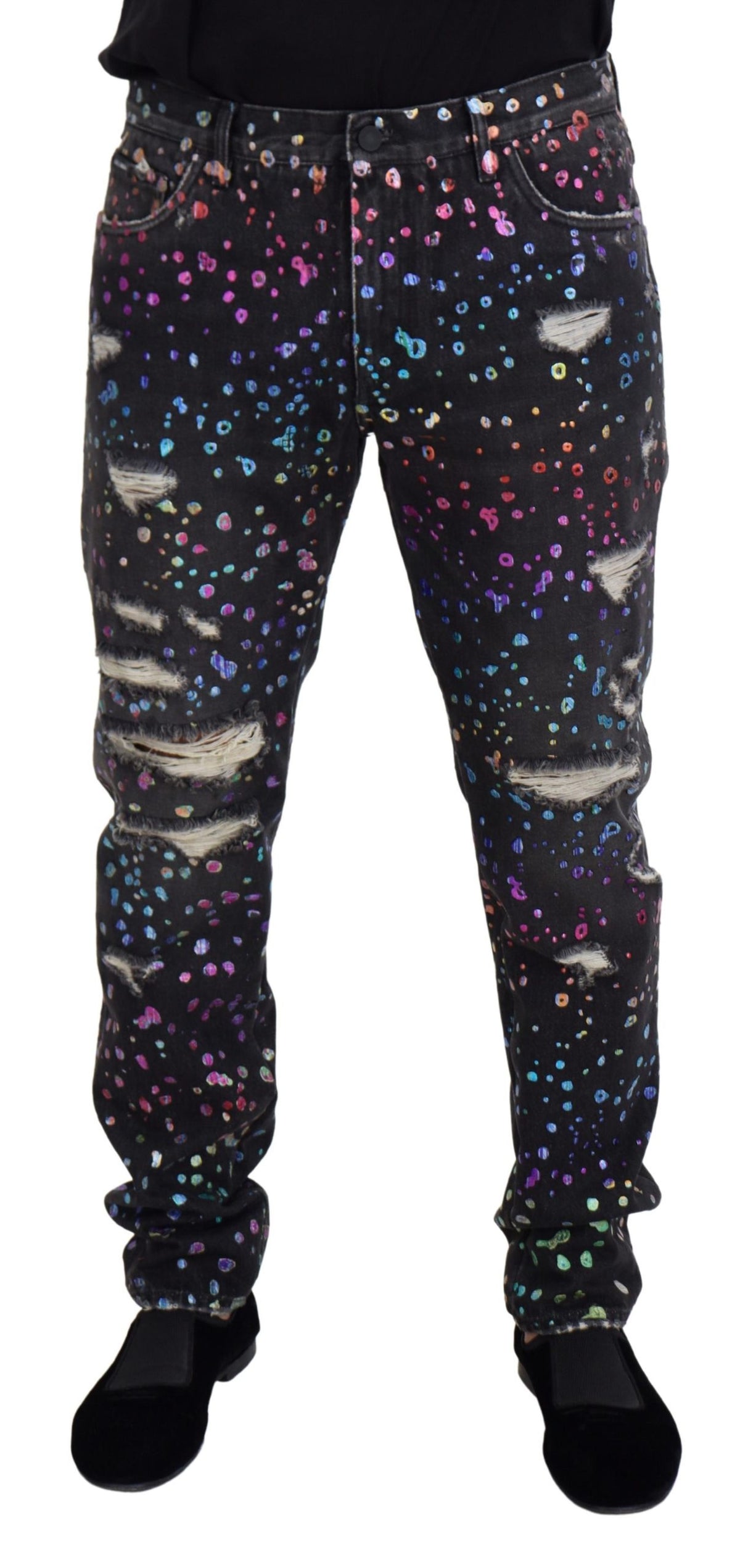 Dolce & Gabbana Schwarze Multicolor Print Zerrissene Denim Jeans