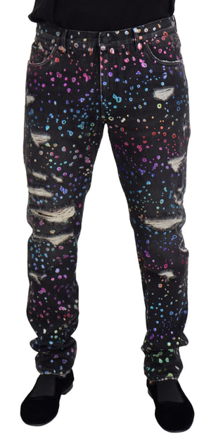 Dolce & Gabbana Schwarze Multicolor Print Zerrissene Denim Jeans