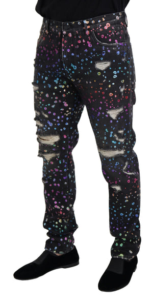 Dolce & Gabbana Schwarze Multicolor Print Zerrissene Denim Jeans