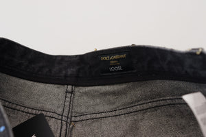 Dolce & Gabbana Schwarze Multicolor Print Zerrissene Denim Jeans