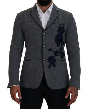Dolce & Gabbana Graue Wolle Rosen Slim Fit Jacke Blazer