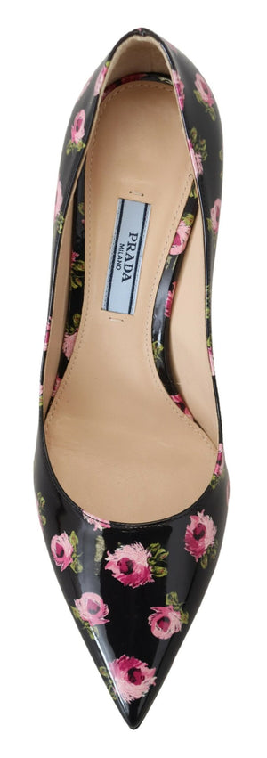 Prada Schwarzes Leder Floral Heels Stilettos Pumps