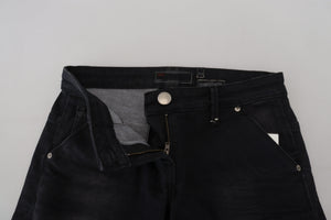 Acht Schwarz gewaschene Baumwolle Skinny Frauen Casual Denim Jeans
