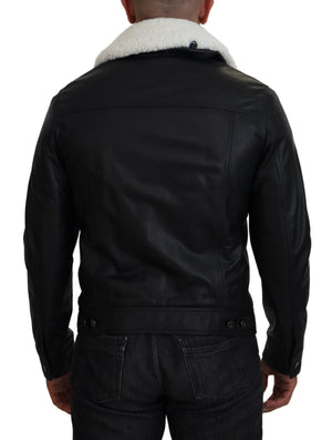 Dolce & Gabbana Schwarzes Lammleder mit Kragen Herrenmantel Jacke