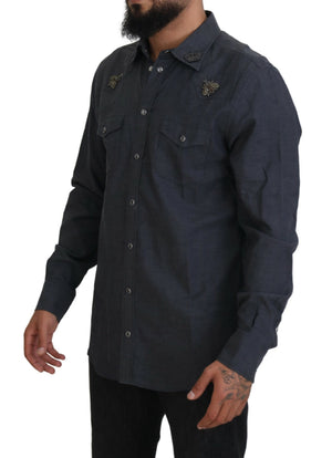 Dolce & Gabbana Blaues Baumwoll-Denim-Kristallbienenhemd