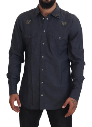 Dolce & Gabbana Blaues Baumwoll-Denim-Kristallbienenhemd