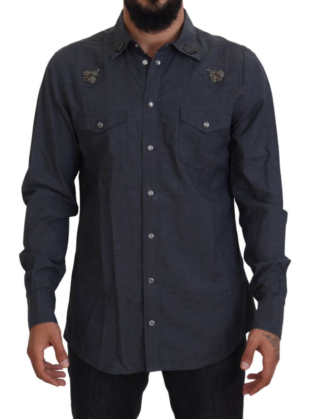 Dolce & Gabbana Blaues Baumwoll-Denim-Kristallbienenhemd